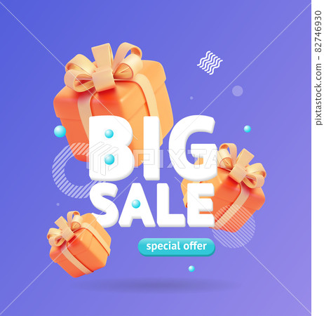 Big Sale Poster Banner Card with Realistic Detailed 3d Present Box and Abstract Memphis Style Elements. Vector 82746930