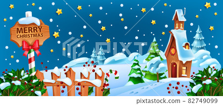 Christmas winter snow landscape, x-mas Santa Claus night house cartoon background, road sign, stars 82749099