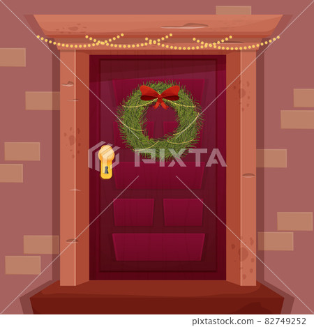 Christmas Wreath with red bow on retro wooden Door in cartoon style isolated on white background. Winter, holiday decoration. Christmas Wreath with red bow on retro wooden Door in cartoon style isolated on white background. Winter, holiday decoration. 82749252