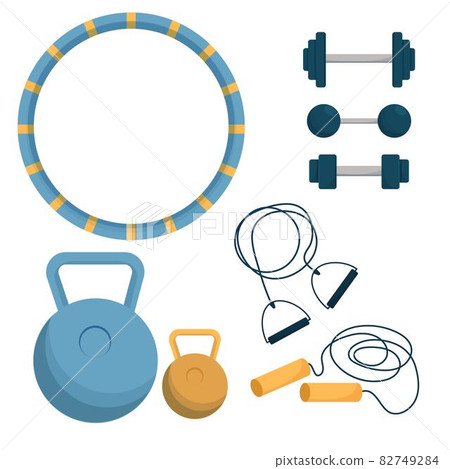 Set of equipment for training, workout Hula hoop, expander, dumbbell isolated on white background. Object fot activity, aerobic. Set of equipment for training, workout Hula hoop, expander, dumbbell isolated on white background. Object fot activity, aerobic. 82749284