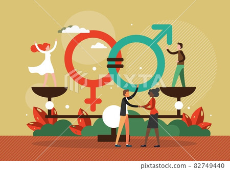 Gender equality. Woman man standing on balance scales on the same height, vector illustration. Equal rights, salary, job 82749440