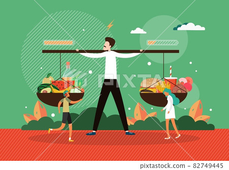 Hamburger and apple on scales. Balance between fast and healthy food. Diet,  nutrition, fitness and health concept. vector illustration. Stock Vector