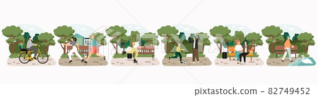People riding bike, roller skating, jogging, sitting on bench, feeding swan in park vector illustration. Outdoor leisure 82749452