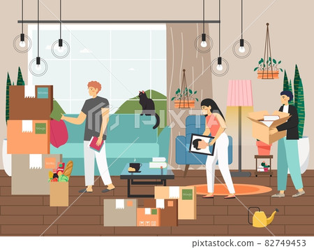 People moving to new house with things and home Vector Image