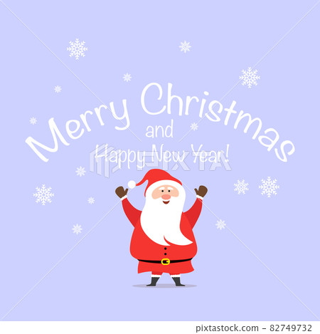 Santa claus with a white beard in a red suit is smiling stands with raised hands on the background of snowflakes and the text Merry Christmas and Happy New Year 82749732