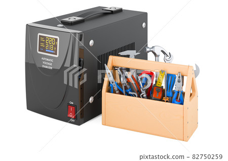 Voltage stabilizer with toolbox. Repair and service of automatic voltage stabilizer, 3D rendering Voltage stabilizer with toolbox. Repair and service of automatic voltage stabilizer, 3D rendering 82750259