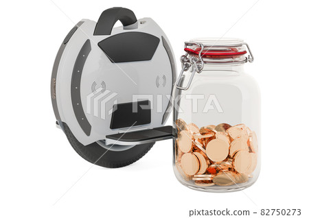 Electric unicycle with glass jar full of golden coins, 3D rendering 82750273