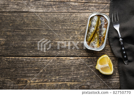 Canned sardines. Sea fish in tin can. 82750770
