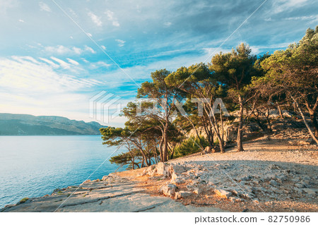 Calanques, Cote de Azur, France. Beautiful nature of Calanques on the azure coast of France. Calanques - a deep bay surrounded by high cliffs. Landscape in sunrise light during Sunny summer morning 82750986