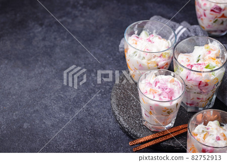 Multicolored dessert with fruit jelly 82752913