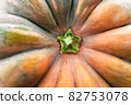 Closeup of bright orange pumpkin tail 82753078
