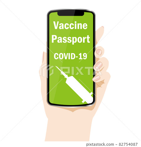 顯示智能手機疫苗護照屏幕的手的插圖新電暈疫苗注射白色背景 82754087
