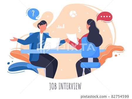 Job Interview Meeting, Candidate and HR Manager. Idea of Employment and Hiring, Business Man or Woman at Table, Vector Illustration For Conversation, Career, Human Resource Concept 82754599