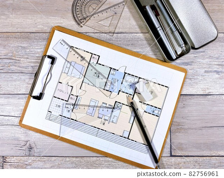 House floor plan, protractor and triangle ruler House floor plan, protractor and triangle ruler 82756961