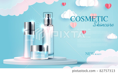 Cosmetics or skin care product ads with bottle, banner ad for beauty products with paper art of love and valentine day with paper heart and cloud. vector design 82757313