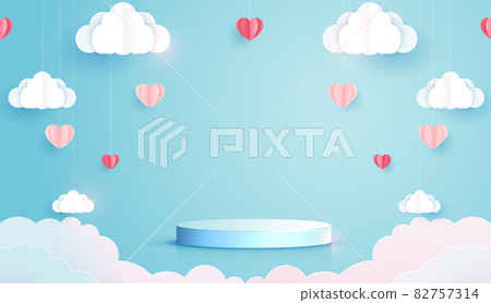 Paper art of love and valentine day with paper heart and cloud float on the blue sky. podium display for product presentation branding and packaging. studio stage. vector design 82757314