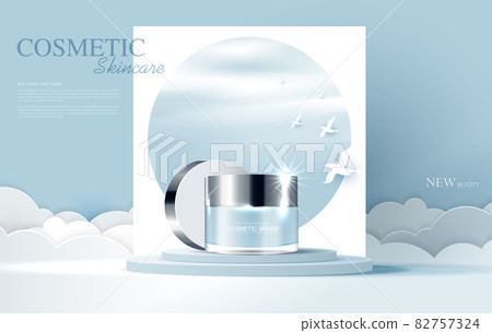 Cosmetics or skin care product ads with bottle, banner ad for beauty products, sky and cloud background. gives a feeling of softness, lightness, comfort and freshness. vector design Cosmetics or skin care product ads with bottle, banner ad for beauty products, sky and cloud background. gives a feeling of softness, lightness, comfort and freshness. vector design 82757324
