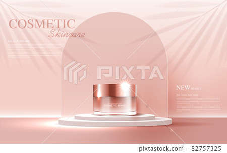 Cosmetics or skin care product ads with bottle, banner ad for beauty products and leaf background glittering light effect. vector design Cosmetics or skin care product ads with bottle, banner ad for beauty products and leaf background glittering light effect. vector design 82757325