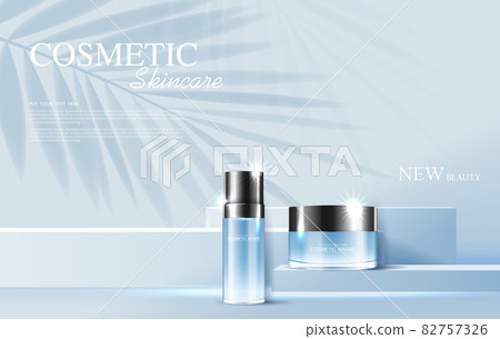 Cosmetics or skin care product ads with bottle, banner ad for beauty products and leaf background glittering light effect. vector design 82757326