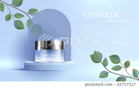 Cosmetics or skin care product ads with bottle, banner ad for beauty products and leaf background glittering light effect. vector design Cosmetics or skin care product ads with bottle, banner ad for beauty products and leaf background glittering light effect. vector design 82757327