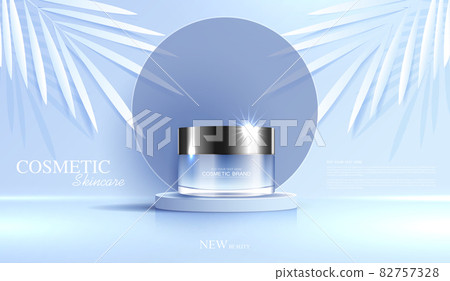 Cosmetics or skin care product ads with bottle, banner ad for beauty products and leaf background glittering light effect. vector design Cosmetics or skin care product ads with bottle, banner ad for beauty products and leaf background glittering light effect. vector design 82757328