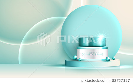 Cosmetics spa or skin care product ads with bottle, banner ad for beauty products ,pearl and bubble on background glittering light effect. vector design 82757337