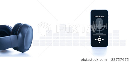Podcast icon. Audio equipment with microphone, sound headphones, podcast application on mobile smartphone screen. Radio recording sound voice on white background. Broadcast media music concept. 82757675