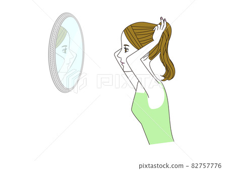 Illustration of the upper body of a woman who is tying a ponytail while looking in the mirror Illustration of the upper body of a woman who is tying a ponytail while looking in the mirror 82757776