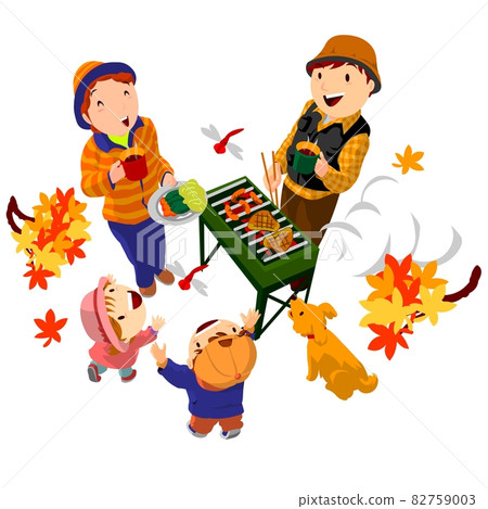 Family barbecuing in the autumn leaves 82759003
