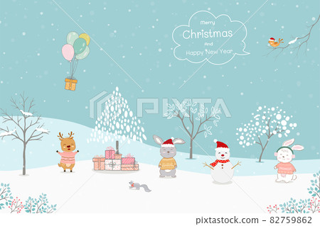 Merry Christmas and Happy new year greeting card with hand drawn cute animals send gift box by balloons on winter concept Merry Christmas and Happy new year greeting card with hand drawn cute animals send gift box by balloons on winter concept 82759862