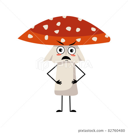 Cute amanita character with angry emotions, grumpy face, arms and legs. Fly Agaric Mushroom from forest with furious expression Cute amanita character with angry emotions, grumpy face, arms and legs. Fly Agaric Mushroom from forest with furious expression 82760480