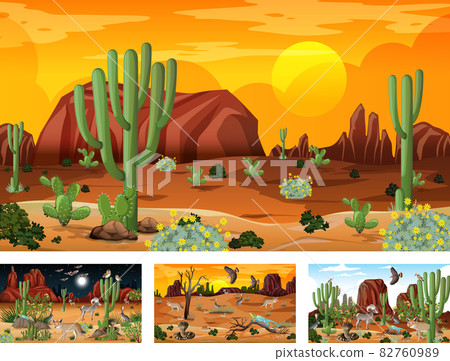 Different scenes with desert forest landscape with animals and plants 82760989