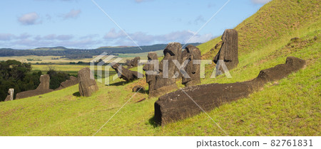 Moai stone sculptures at Rano Raraku, Easter island, Chile. Moai stone sculptures at Rano Raraku, Easter island, Chile. 82761831