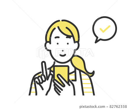 Image of a housewife to check by operating a smartphone Illustration material ・ Simple touch Image of a housewife to check by operating a smartphone Illustration material ・ Simple touch 82762338