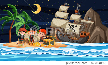 Treasure Island scene at night with Pirate kids - Stock Illustration ...
