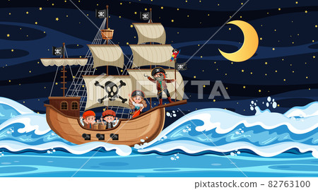 Ocean with Pirate ship at night scene in cartoon style 82763100