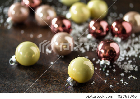 Christmas composition. Christmas glossy ball. Top view flat lay background. Christmas composition. Christmas glossy ball. Top view flat lay background. 82763300