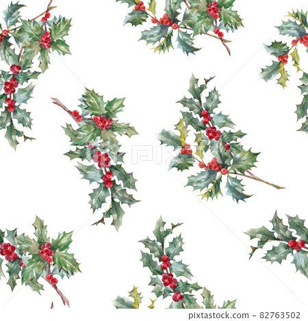 Beautiful floral christmas seamless pattern with hand drawn watercolor holly branches. Stock 2022 winter illustration. Beautiful floral christmas seamless pattern with hand drawn watercolor holly branches. Stock 2022 winter illustration. 82763502