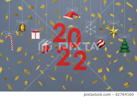 2022 Christmas decorations hanging on background and ribbons. 2022 Christmas decorations hanging on background and ribbons. 82764160