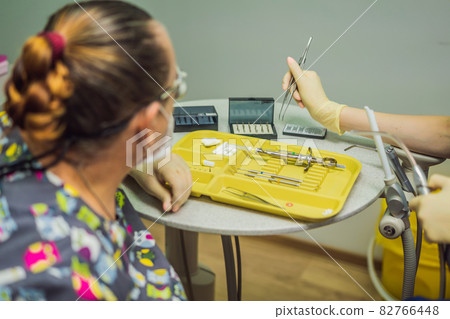 Equipment and dental instruments in dentist's office. Tools close-up. Dentistry 82766448