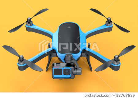 Flying photo and video drone or quad copter with action camera on orange 82767659