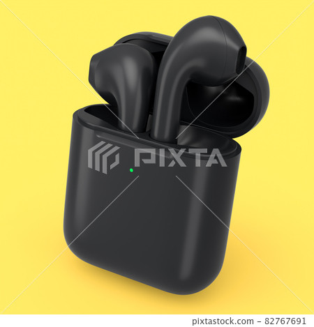Wireless bluetooth headphones in black case isolated on yellow background Wireless bluetooth headphones in black case isolated on yellow background 82767691