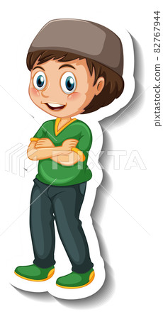A sticker template with Muslim boy in standing pose cartoon character 82767944