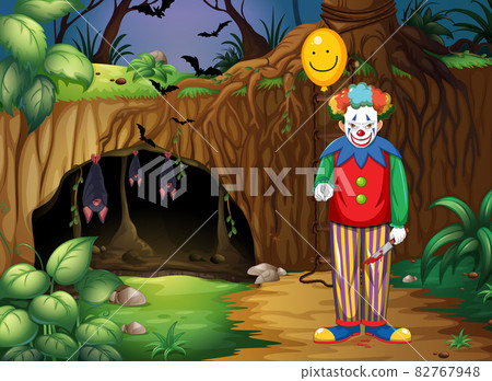 Dark forest scene with creepy clown cartoon character 82767948
