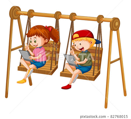 Kids leaning online with tablet on swing chair Kids leaning online with tablet on swing chair 82768015