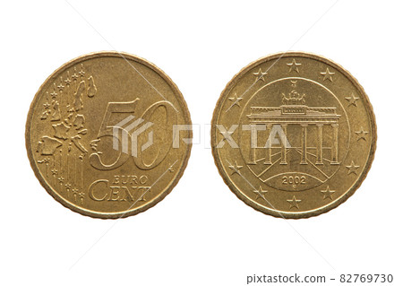 Fifty cent euro coin of Germany dated 2002 showing the Brandenburg Gate on the reverse cut out and isolated on a white background 82769730