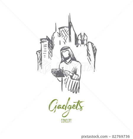 Gadgets, big city, megapolis, businessman, muslim concept. Hand drawn isolated vector. Gadgets, big city, megapolis, businessman, muslim concept. Hand drawn isolated vector. 82769736