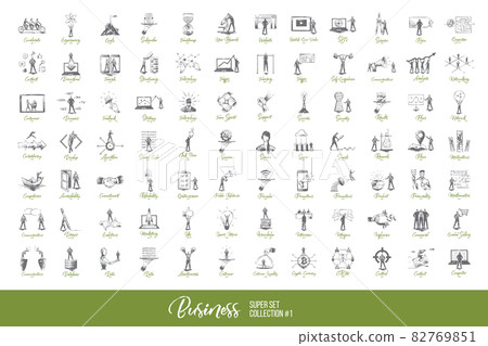 Business man presentation - idea, presentation, confidence, rush, point, approval vector concept set 82769851