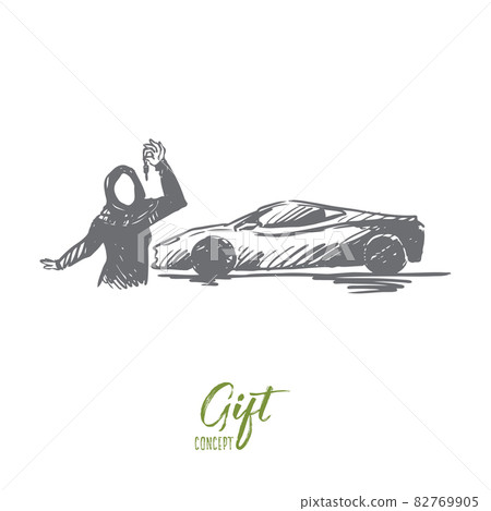 Gift, acquisition, hijab, islam, girl, car concept. Hand drawn isolated vector. Gift, acquisition, hijab, islam, girl, car concept. Hand drawn isolated vector. 82769905
