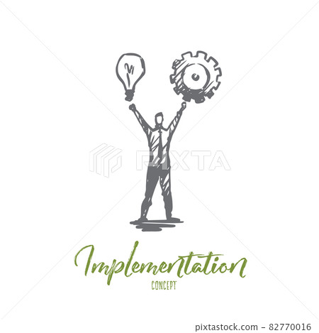Implementation, man, idea, business, cogwheel concept. Hand drawn isolated vector. 82770016